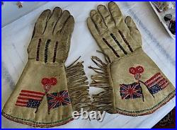 19th. C. Rare Native American Indian Duel Flag Gauntlet Gloves, USA & British