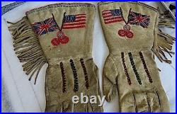 19th. C. Rare Native American Indian Duel Flag Gauntlet Gloves, USA & British
