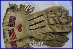 19th. C. Rare Native American Indian Duel Flag Gauntlet Gloves, USA & British