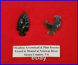 Ancient Native American Obsidian Arrowhead and Flint Rooster extremely rare