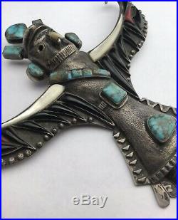 Antique 3D Navajo Sterling Turquoise Kachina Bolo Tie Pendant Signed RARE HUGE