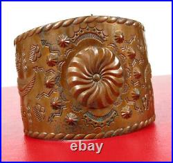 Antique Native American Bell Trading Copper Cuff Bracelet Fine Detail Rare