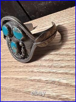 Antique Native American Coin Silver And Turquoise Bracelet Early Piece RARE