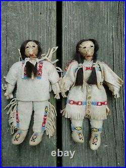 Antique Native American Rare Indian Beaded Leather Hide Dolls