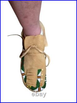 Antique Plateau Beaded Moccasins Rare Mens Size 12 Sheepskin Brass Trade Spots