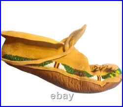 Antique Plateau Beaded Moccasins Rare Mens Size 12 Sheepskin Brass Trade Spots