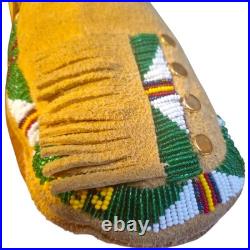 Antique Plateau Beaded Moccasins Rare Mens Size 12 Sheepskin Brass Trade Spots