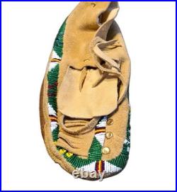 Antique Plateau Beaded Moccasins Rare Mens Size 12 Sheepskin Brass Trade Spots