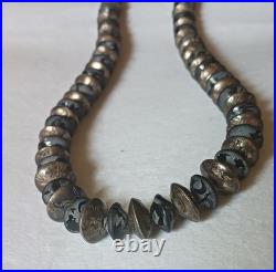 Antique Rare 24in Native American Sterling & Etched Black Onyx Beads Necklace