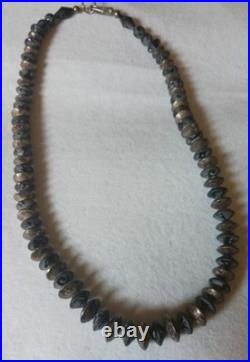 Antique Rare 24in Native American Sterling & Etched Black Onyx Beads Necklace