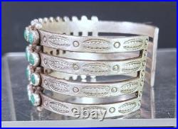 Antique Rare Navajo Sterling Silver 4 Row Green Turquoise Cuff Bracelet