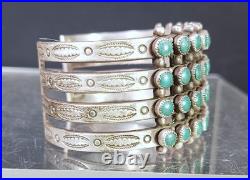 Antique Rare Navajo Sterling Silver 4 Row Green Turquoise Cuff Bracelet