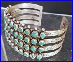 Antique Rare Navajo Sterling Silver 4 Row Green Turquoise Cuff Bracelet