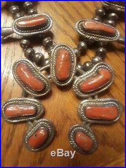 Antique Squash Blossom Necklace, RED CORAL Sterling 165 grams 24 BIG, very rare