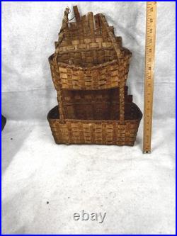 Antique basket Native American Abenaki splint 2 tier hang wall pocket 19th rare
