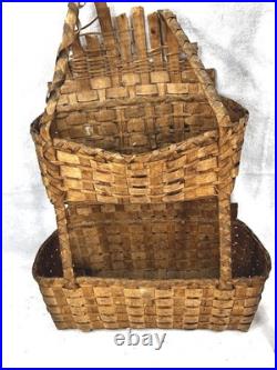 Antique basket Native American Abenaki splint 2 tier hang wall pocket 19th rare