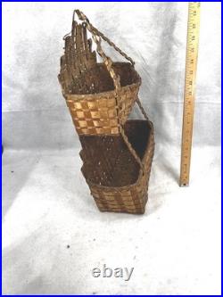 Antique basket Native American Abenaki splint 2 tier hang wall pocket 19th rare