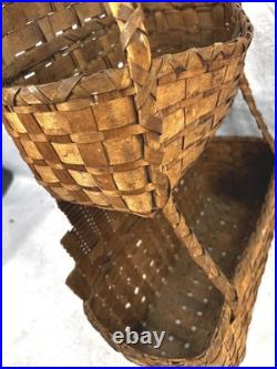 Antique basket Native American Abenaki splint 2 tier hang wall pocket 19th rare