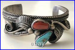 Art Tafoya Yaqui Native American Red Coral Turquoise Sterling Silver Cuff RARE