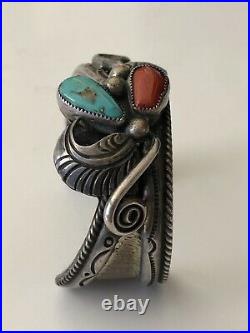 Art Tafoya Yaqui Native American Red Coral Turquoise Sterling Silver Cuff RARE