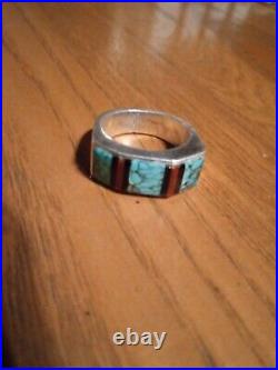 BEAUTIFUL Sterling Native American Ring Turquoise & Coral Signed R. B. S7 RARE