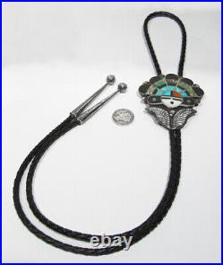 BIG OLD PAWN 1950s Signed Zuni Turquoise Coral 925 Silver Inlay Sunface Bolo Tie