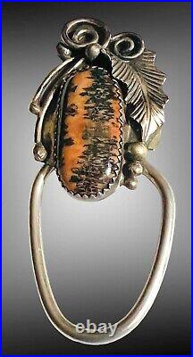 Beautiful RARE Native American Vtg Sterling Silver Petrified Wood Key Ring Chain