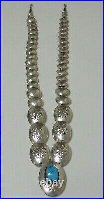 Beautiful Rare Vtg. Navajo Sterling Silver 925 Pillow Bead Turquoise Necklace