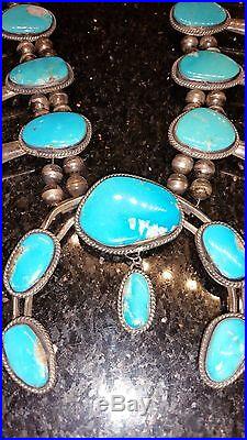 Blue Turquoise, Very Rare SQUASH BLOSSOM Vintage Necklace, fine Sterling Silver