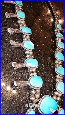Blue Turquoise, Very Rare SQUASH BLOSSOM Vintage Necklace, fine Sterling Silver
