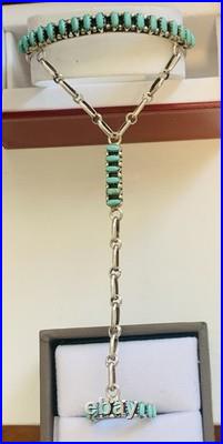 Bracelet With Attached Ring, Sterling Silver And Turquoise (Rare)