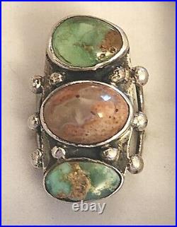C. 1970 1.3 Navajo Sterling 2 Superb Turquoise & Rare Boulder Opal Ring 7.5