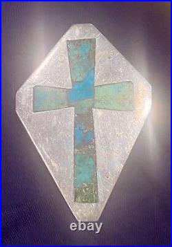 Carlos Diaz Vtg Sterling Silver Turquoise Inlay Cross Pendant Rare