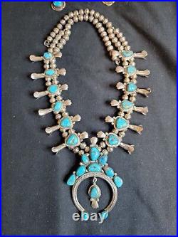 Dropdead Gorgeous Vintage Navajo Turquoise Sterling Squash Blossom Rare Necklace