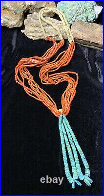 EARLY! Rare, Santo Domingo 9-Strand Red Coral Necklace & Turquoise Jacla, 135.5g