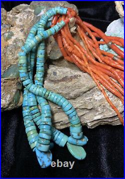 EARLY! Rare, Santo Domingo 9-Strand Red Coral Necklace & Turquoise Jacla, 135.5g