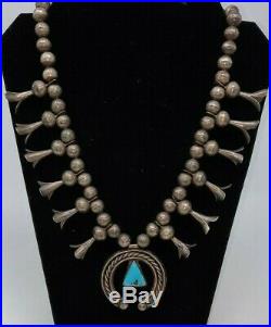 Early Rare Old Pawn Turquoise & Silver Coin Squash Blossom Necklace