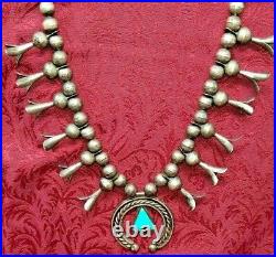 Early Rare Old Pawn Turquoise & Silver Coin Squash Blossom Necklace NAVAJO