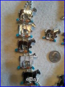 Edward LEEKITY Zuni Indian HORSE Squash Blossom Necklace Earrings Sterling RARE