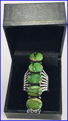 Estate Native American Style Sterling Silver Rare Green Turquoise LineRing 10.25