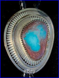 Extremely Rare High Grade Bisbee Turquoise Overlay Bolo Tie by Leonard Nez