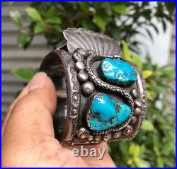 FINEST RARE AMERICAN Native Navajo Sterling Silver Turquoise Watch Bracelet Vtg
