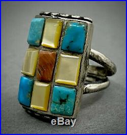 HUGE OLD Vintage Navajo Sterling Silver Turquoise Coral Inlay Ring HEAVY & RARE