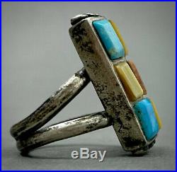 HUGE OLD Vintage Navajo Sterling Silver Turquoise Coral Inlay Ring HEAVY & RARE