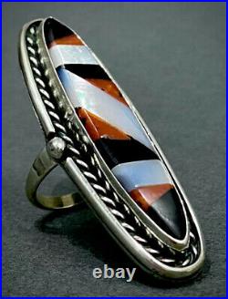 HUGE RARE LONG Vintage ZUNI Native American Sterling Silver Coral Inlay Ring