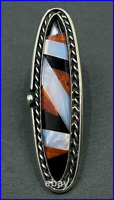 HUGE RARE LONG Vintage ZUNI Native American Sterling Silver Coral Inlay Ring