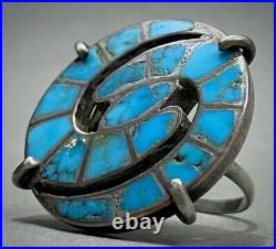 HUGE RARE Vintage ZUNI Native American Sterling Silver Turquoise Inlay Ring OLD