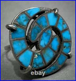 HUGE RARE Vintage ZUNI Native American Sterling Silver Turquoise Inlay Ring OLD