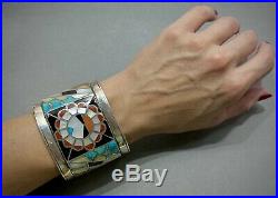HUGE RARE Vintage Zuni Sterling Silver Multi Stone Inlay Cuff Bracelet 134 Grams