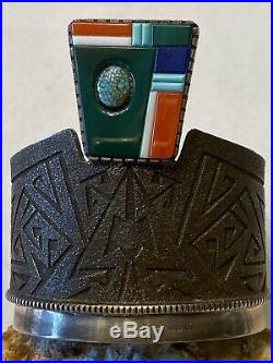 HUGE Rare Navajo RICHARD TSOSIE Sterling Tufa Cast Multi Gem Cuff Bracelet 165+G